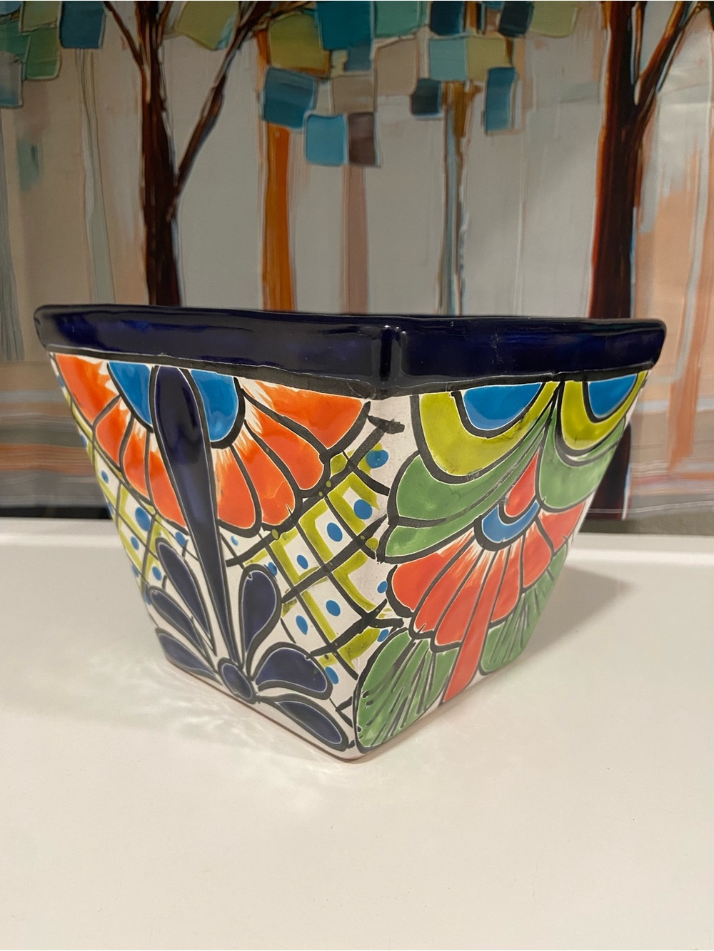 Hand-Painted Floral Ceramic Planter - Multicolor